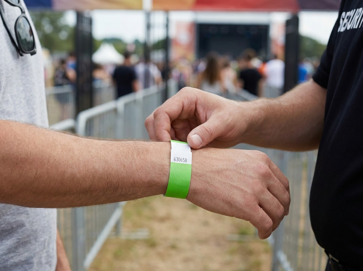 Sigurnosno osoblje provjerava neprenosivu narukvicu posjetitelja festivala na ulazu u događanje