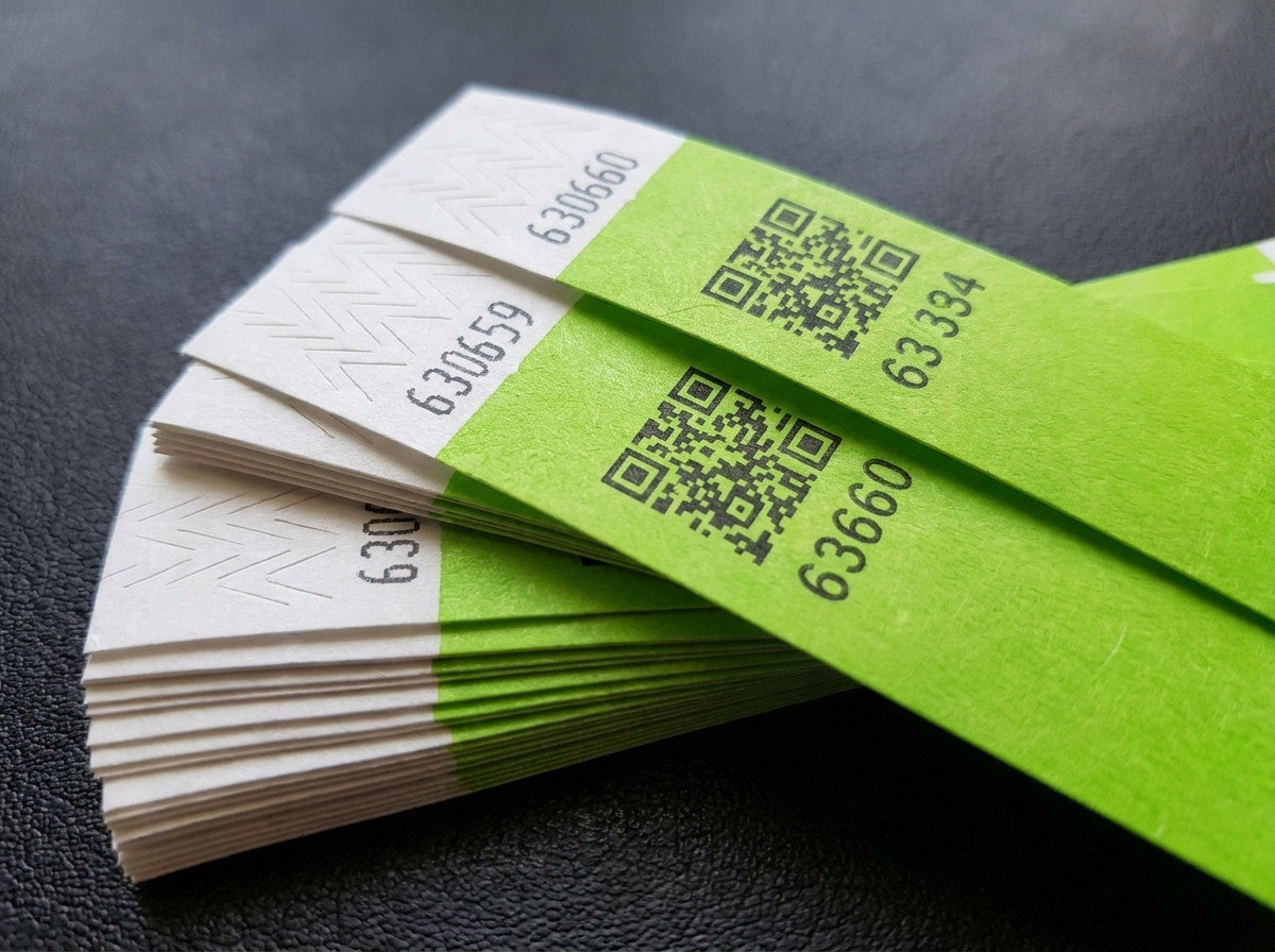 Hrpa personaliziranih Tyvek narukvica s QR kodom i sekvencijalnim numeriranjem, vidljivo neprenosivo zatvaranje