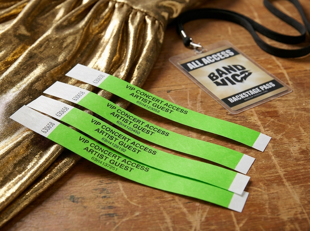 Personalizirane VIP narukvice za koncert položene na backstage stol sa zlatnom laméom i artistovom akreditacijom