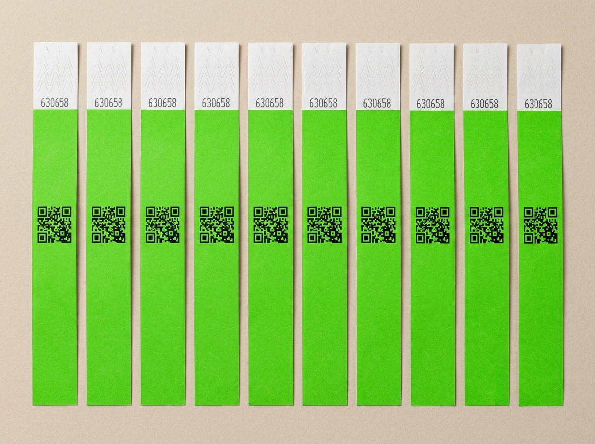 Numerirane narukvice za zaštitu od prijevare složene u niz, s vidljivim sigurnosnim zatvaračem i QR kodom tiskanim u visokoj rezoluciji