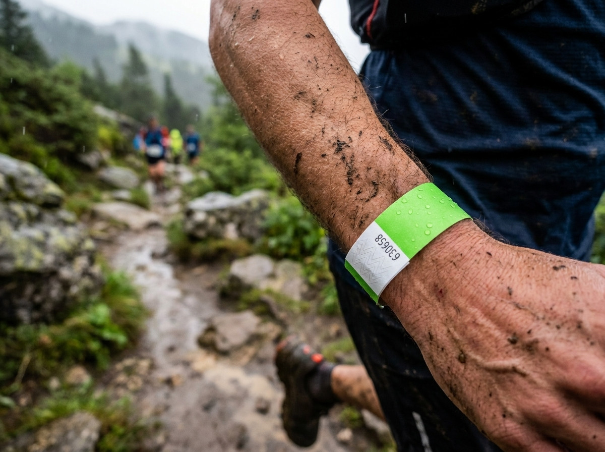 Trail trkač s narukvicon otpornom na blato nošenom na utrci u planinama