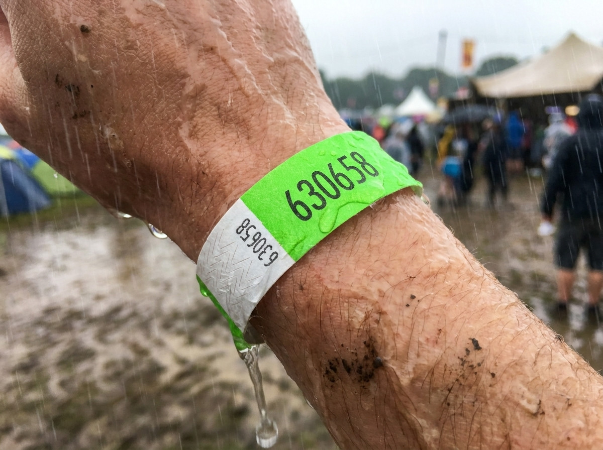 Krupni plan personalizirane narukvice nošene na zapešću tijekom višednevnog festivala na kiši, ostajući netaknuta i čitljiva