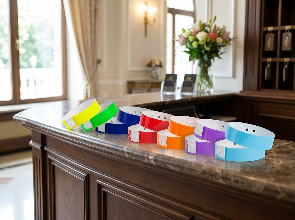 Narukvice all-inclusive u bojama postavljene na hotelskom recepcijskom pultu, svaka boja predstavlja različiti paket boravka