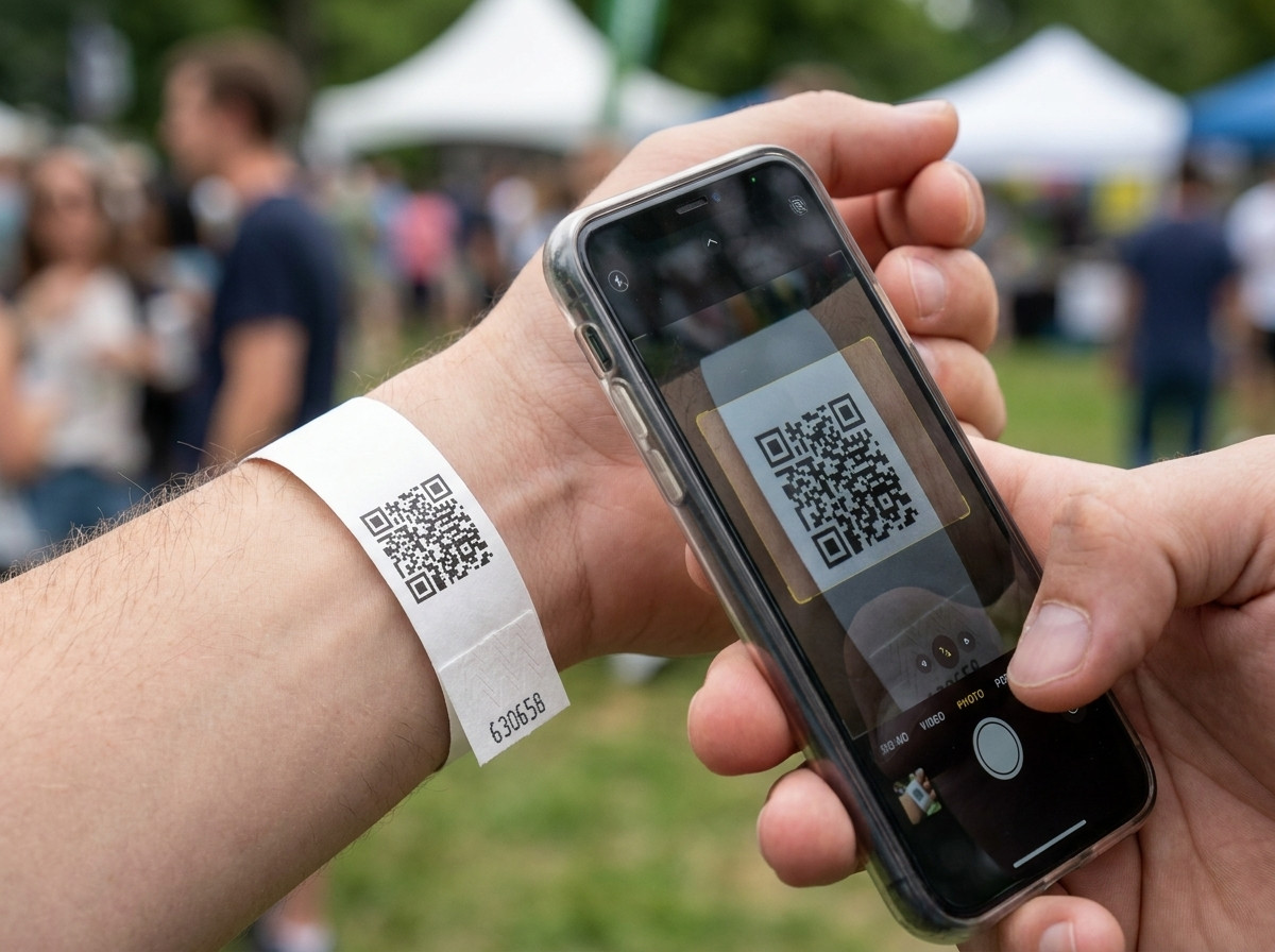 Krupni plan bijele Tyvek narukvice s QR kodom tiskanim u crnoj boji, skeniranom pametnim telefonom pri kontroli pristupa na ulazu u festival