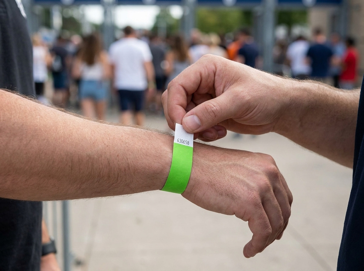 Djelatnik osiguranja koji provjerava anti-transfer narukvice na ulazu velikog festivala na otvorenom, s gomilom vidljivom u pozadini