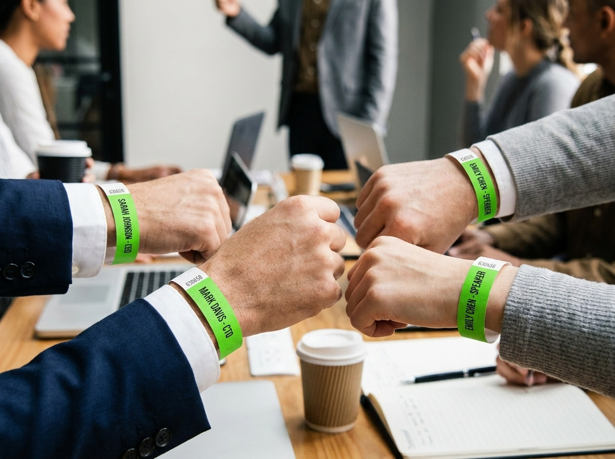Personalizirane identifikacijske narukvice za stručnu konferenciju, s imenom i funkcijom tiskanim u visokoj rezoluciji, nošene na zglobu sudionika kongresa