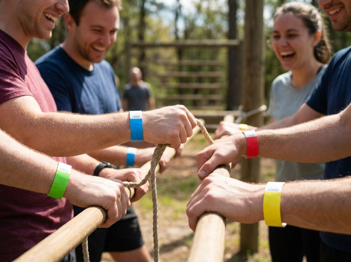 Obojene narukvice za team building koje nose sudionici na aktivnosti na otvorenom, svaka boja predstavlja drugu ekipu