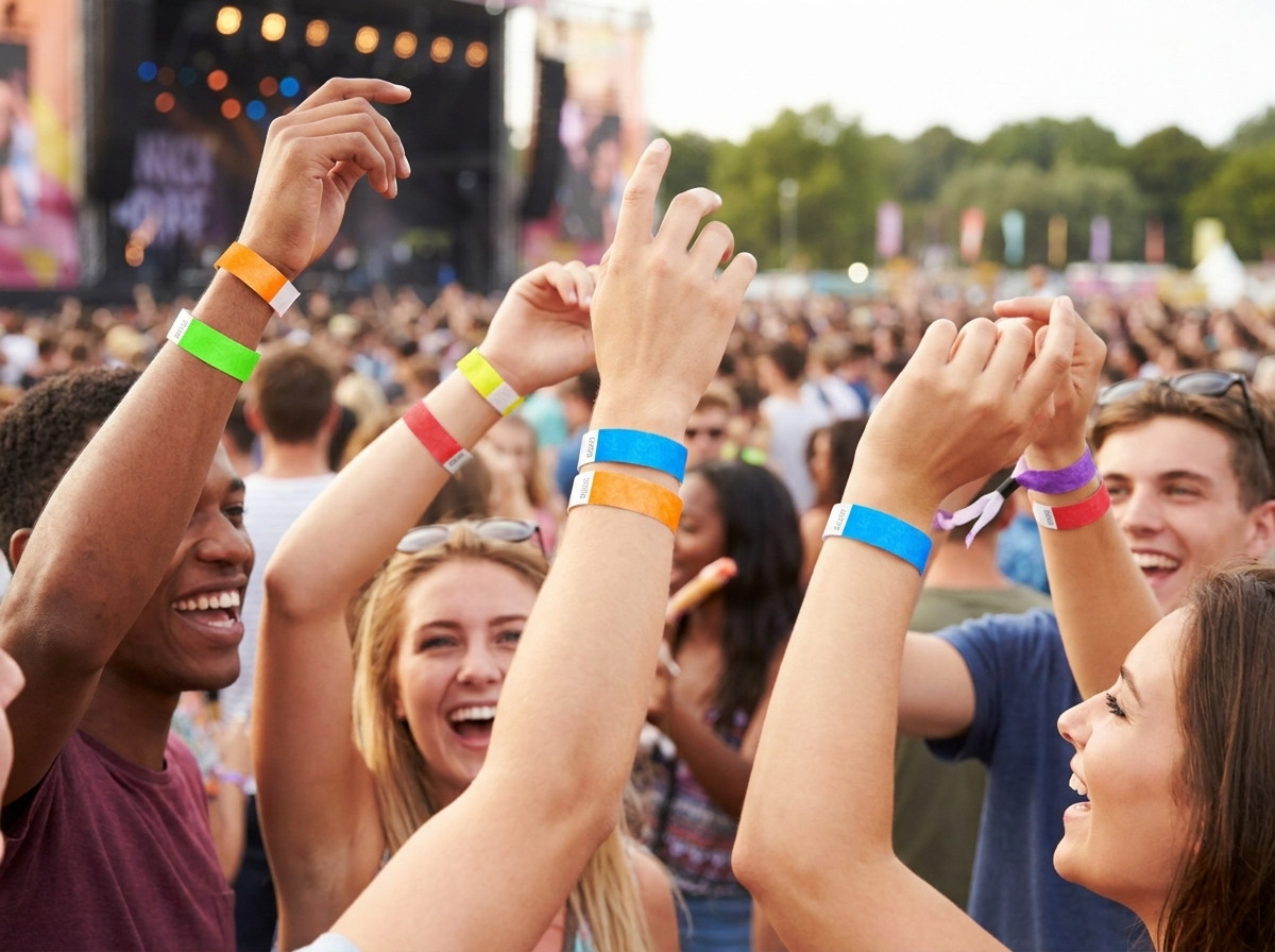 Šarene Tyvek narukvice koje nose posjetitelji festivala na koncertu na otvorenom, ilustrirajuci njihovu otpornost i udobnost
